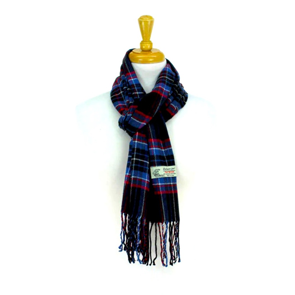 Blue/Black/Fushia Plaid Cashmere feel Scarf with 3” Fringe. NWT. 72”by 12”.